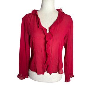 Vintage Y2K Express Silk Ruffle Blouse Size Medium Red Sheer Long Sleeve Buttons
